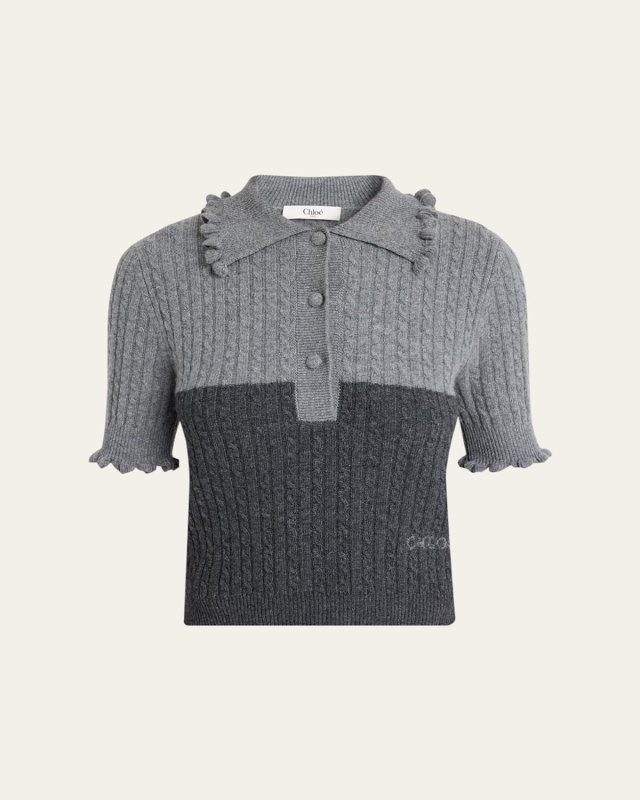 Bicolor Ruffle-Trim Short-Sleeve Polo Sweat